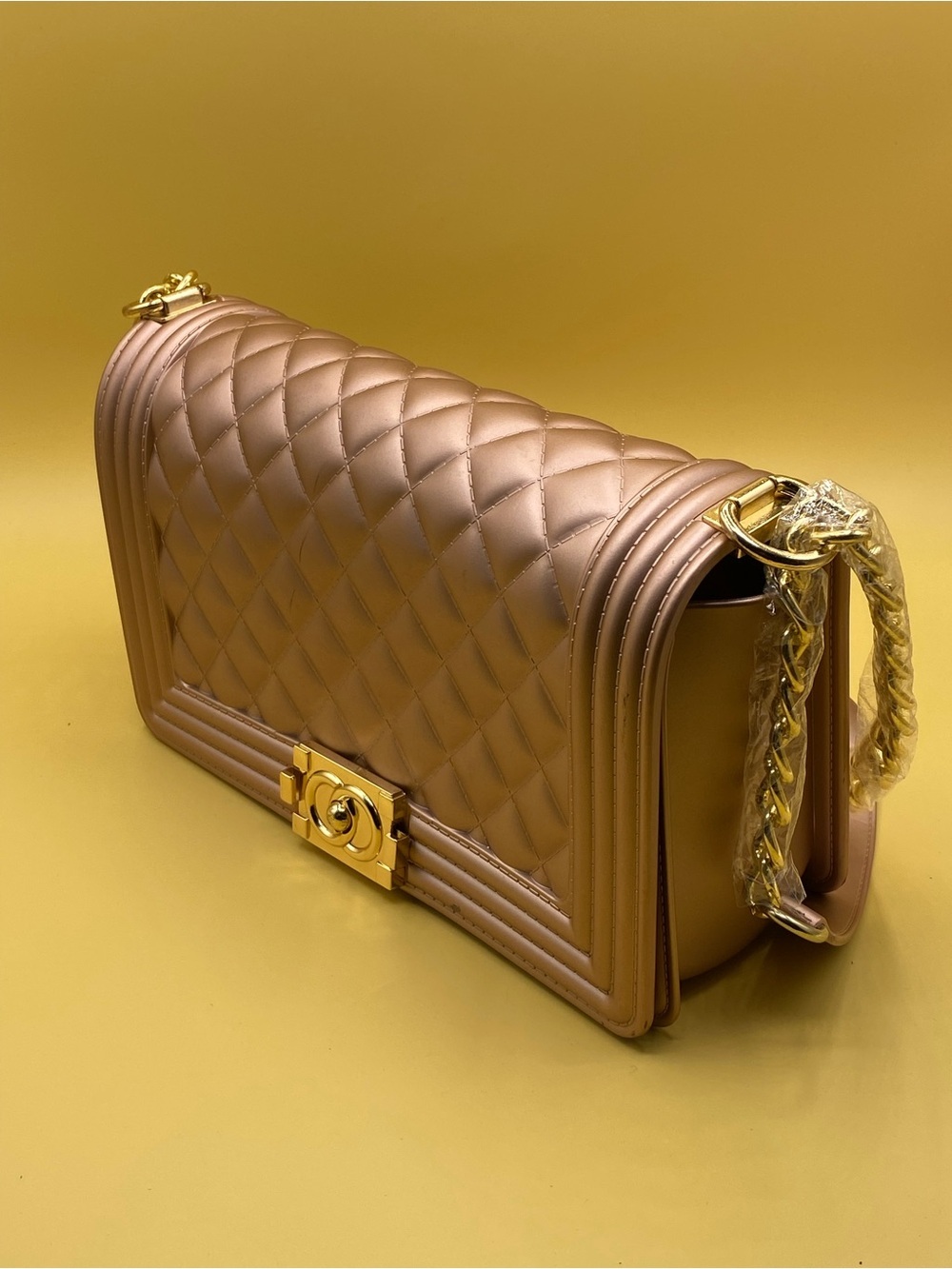 Quilted Metallic Champagne Shoulder Bag with Gold Hardware